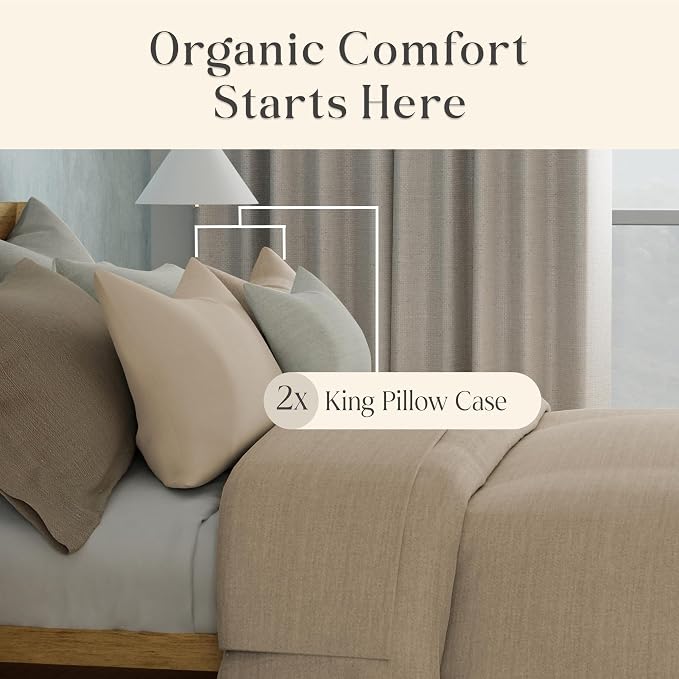 Delilah Home 100% Organic Cotton King Pillow Case, GOTS & Vegan.org Verified, Long Stem 300 TC Sateen Bedding, Non-Synthetic, Deep Pocket Fitted Linen, Lightweight, All-Season, 2 Pieces Set - Beige