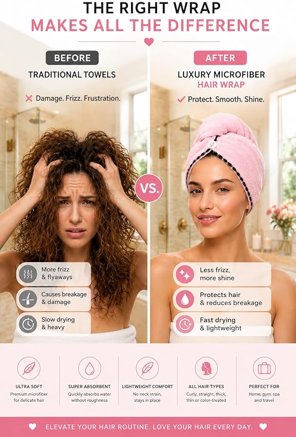 Luxury Microfiber Hair Towel Wrap for Women – Quick Dry, Anti-Frizz, Lightweight, Soft Hair Turban for Wet Hair (Pink)