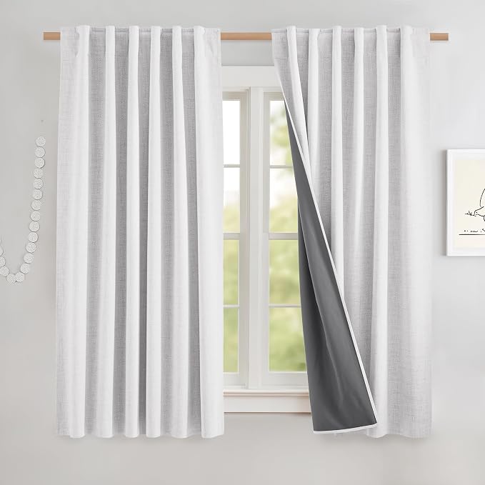 NICETOWN Short 100% Blackout Curtains 63" Long, Burlap Linen Drapes with Thermal Insulated Grey Liner, Keeping Out Cold Air and Heat Panels for Kitchen, Cafe Bar (Set of 2, 52" Width, Greyish White)