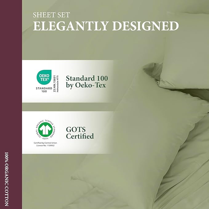 100% Organic Cotton Sheets King Size - Organic Cotton King Size Percale Weave Sheet Set (4 PC, Sage Green), Soft, Cooling, Crisp & Breathable, 16" Deep Pocket Hotel Quality Bedding Set