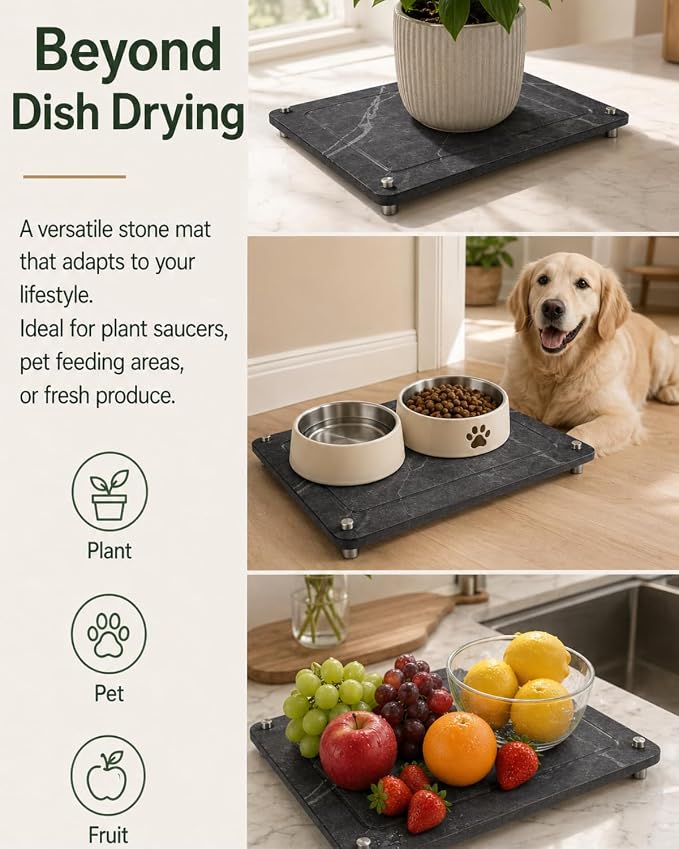 Large Stone Drying Mat for Kitchen Counter - 16”*12” Marble Veining Quick Drying Fast Absorbent Drying Mat, Natural Diatomaceous Earth Dish Drying Mat