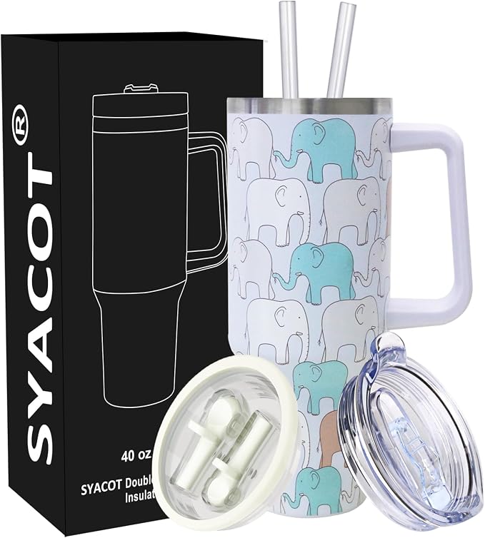 SYACOT 40 oz Tumbler with Handle and Straw Stainless Steel Insulated Tumbler Leak Proof Lid and Straw Lid Reusable Travel Mug Coffee Mug Cup Dishwasher Safe Keep Drinks Cold and Hot (LittleElephant)