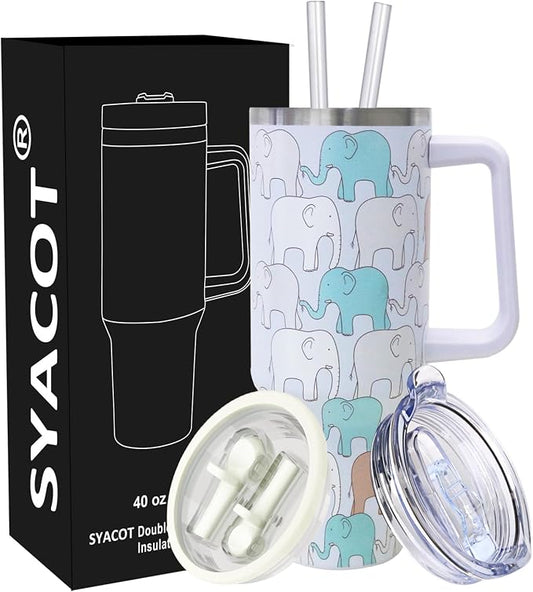 SYACOT 40 oz Tumbler with Handle and Straw Stainless Steel Insulated Tumbler Leak Proof Lid and Straw Lid Reusable Travel Mug Coffee Mug Cup Dishwasher Safe Keep Drinks Cold and Hot (LittleElephant)