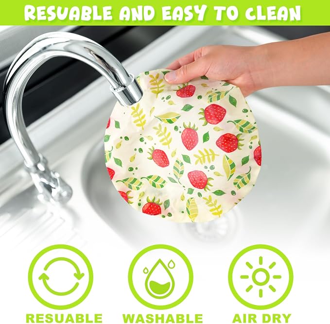 4-Pack Reusable Beeswax Bowl Covers with Fruit Pattern, 6/8/10/12 Inch Elastic Cotton Food Storage Covers for Bread Proofing, Sourdough Dough, Kitchen Containers & Food Storage