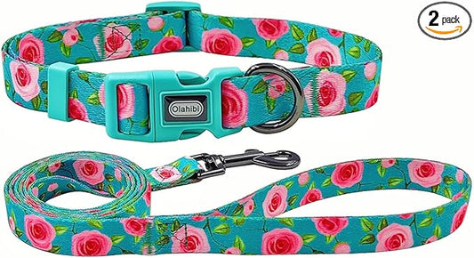 Dog Collar and Leash Set, Rose Pattern, Polyester Material, 5ft Matching Leash, for Medium Dogs.(M, Green Rose Set)