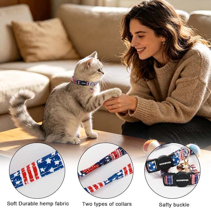 2 Pack Independence Cat Collars,Pink American Flag Cat Collar with Bell Breakaway Adjustable for 4th of July Independence Day，Adjustable Kitten Collar 7-12 Inch