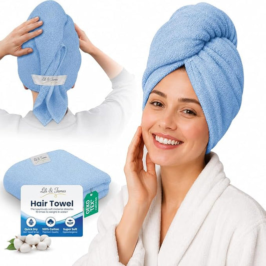 Lili&James Cotton Hair Towel Wrap for Women/Kids | Quick Dry, Soft & Absorbent Hair Wrap Towels with Double Button (Pack of 1, Blue Large)