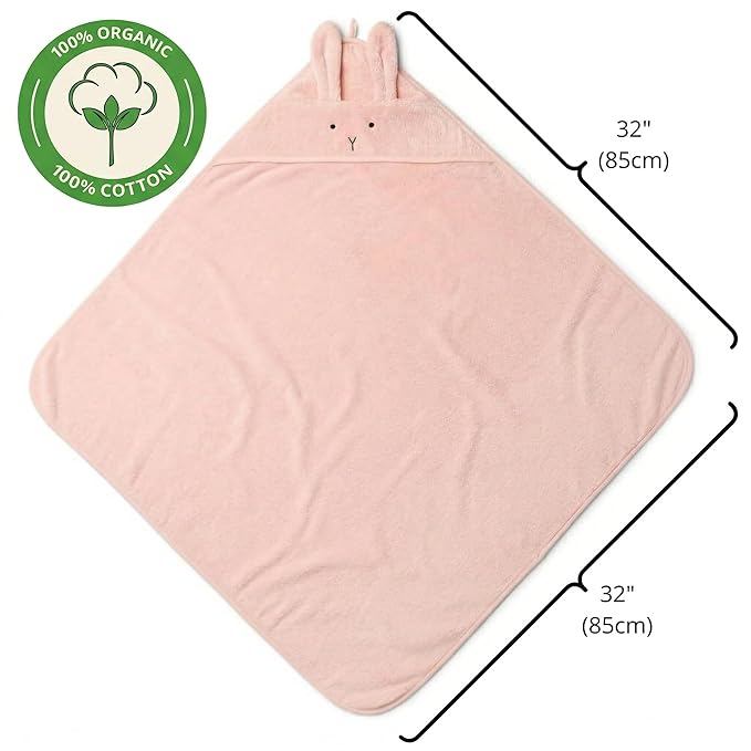 Hooded Baby Towel – 100% Organic Cotton Baby Bath Towels – Baby Girl Newborn Essentials - Super-Soft and Absorbent. (Rabbit - Blush)