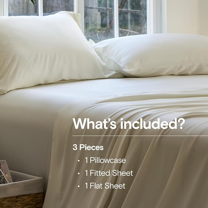 DOZ Sheet Set, 100% Viscose derived from Bamboo, Organically Grown, Buttery Soft, Cooling Sheets, High GSM, Deep Pockets - 3 Piece - 1 Pillowcase 1 Fitted Sheet 1 Top Sheet (Ivory, Twin)
