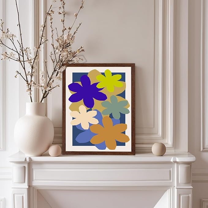 Monem Art Colorful Abstract Floral Shapes Print - Modern Minimalist Flower Art Poster - Wall Decor for Living Room, Bedroom or Office - 8x10 Brown Framed Wall Art by Rs Lab Studio