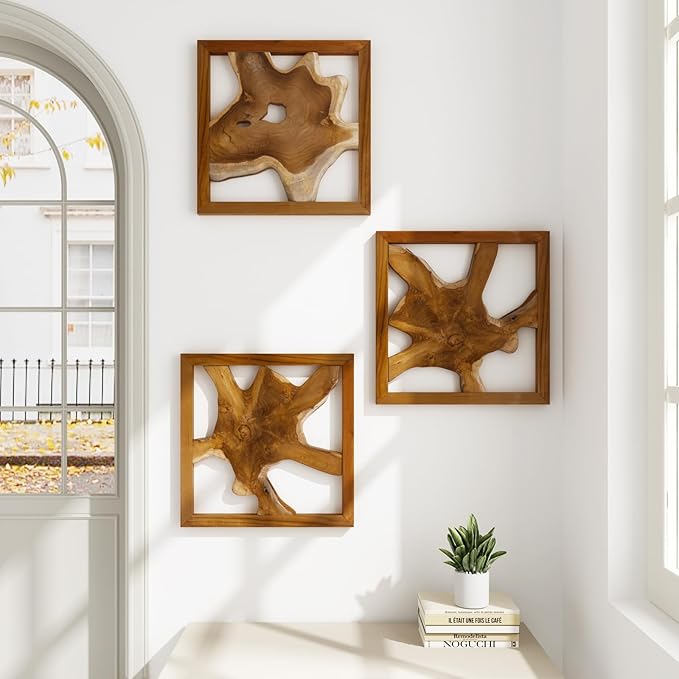 JOLLYMER 2 Pack Live Edge Teak Wood Wall Decor, Rustic Wooden Wall Art, Handcrafted Home Decoration for Living Room Bedroom Office, 17"x17" Natural Frame