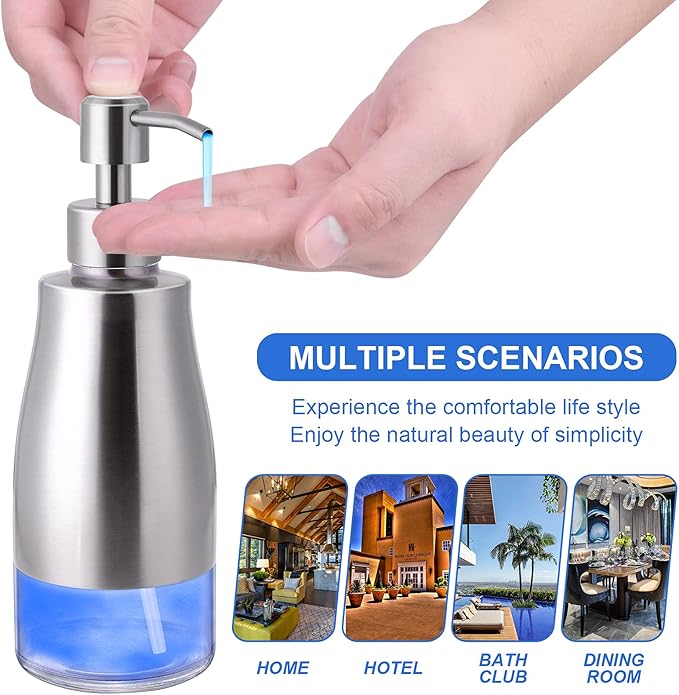 Non-Slip Soap Dispenser with Brushed Nickel Stainless Steel Case, Glass Liner, and Hand Pump for Kitchen/Bathroom. Refillable Liquid Soap Dispenser, 11oz/320ml Capacity.
