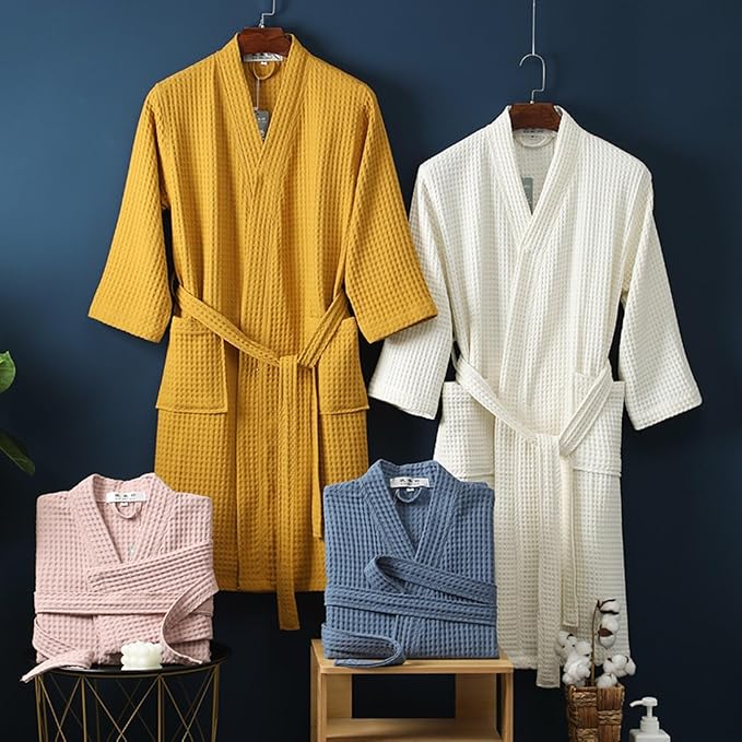 Men and Women 100% Cotton Waffle Bathrobe,Lightweight Soft Absorbent Kimono Robe,Couple Dressing Gowns Housecoat