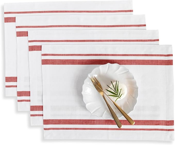 Solino Home Linen Placemats Set of 4 - French Stripe Red and White Placemats 14 x 19 Inch - 100% Pure Linen Table Mats for Summer, 4th of July