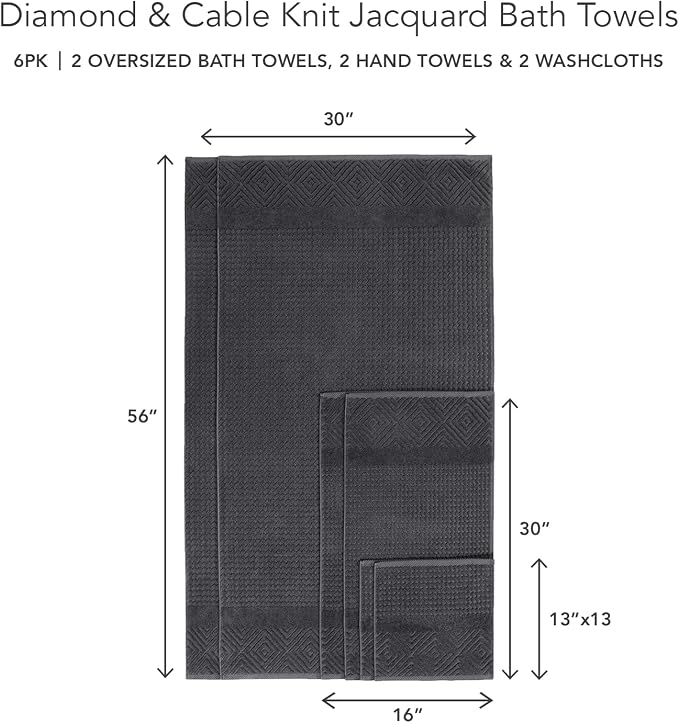 Texere 100% Organic Cotton Jacquard Towel Sets (Black (Diamond), 6 Piece)