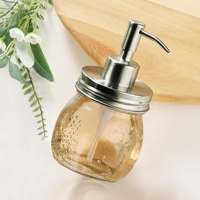 Amolliar 10 OZ Mason Jar Liquid Soap Dispenser, Stainless Steel Pump, Cute Farmhouse Decor for Kitchen, Refillable Hand Soap Dispenser, Silver 1 Pack With Amber Glass Qtip Holder, Apothecary Jar 2Pack