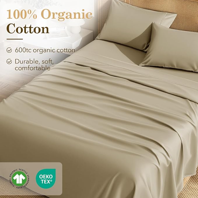 SONORO KATE 100% Organic Cotton Sheets Set - 600 Thread Count, GOTS Certified Cotton Bed Sheets, Soft, Breathable & Silky Sateen Weave Sheets, 16" Deep Pockets - 4 PC (Linen,Queen)