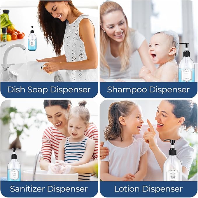 16 oz Clear Glass Soap Dispenser with Pump, Glass Pump Bottle for Lotion Body Oil, 500ml Hand and Dish Soap Dispensers Set with Storage Caps, Labels - 2 Pack
