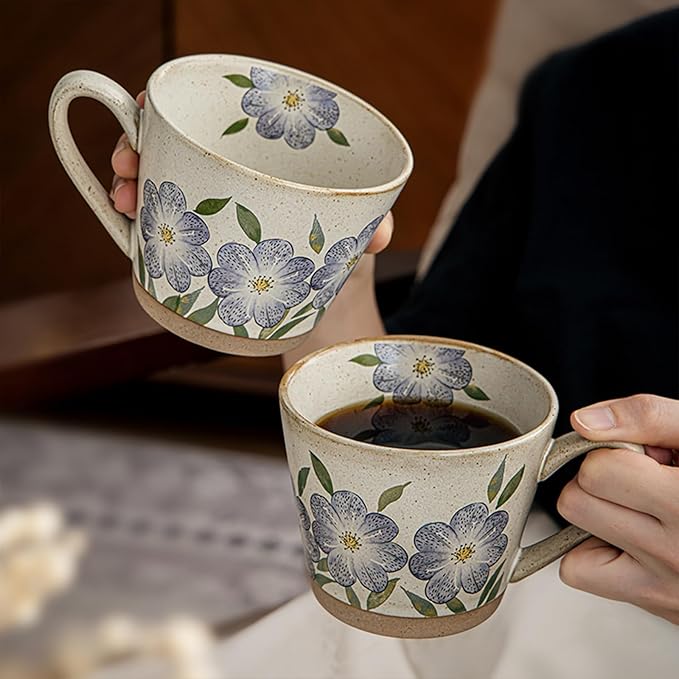 15oz Vintage Floral Ceramic Coffee Mug, Hand-Painted Lead-Free Tea Cup with Comfort Handle, Microwave & Dishwasher Safe for Home Office & Gift for Women (Purple Floral, 15, ounces)