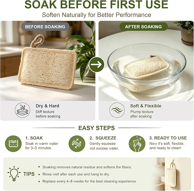 Natural Loofah Dish Scrubber Sponges, 6 Pack Large Plant-Based Kitchen Cleaning Pads, Compostable Non-Scratch Scouring Sponge for Dishes, Sink, Grout and Tile, 4.4 x 2.8 in