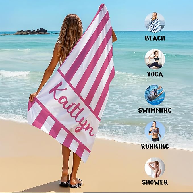 JML Personalized Beach Towel with Name, Custom Cabana Stripe Beach Towel, Customized Microfiber Pool Towel, Quick Dry & Absorbent Swim Towel for Adult,Anniversary, Birthday, Summer Holiday,Vacation