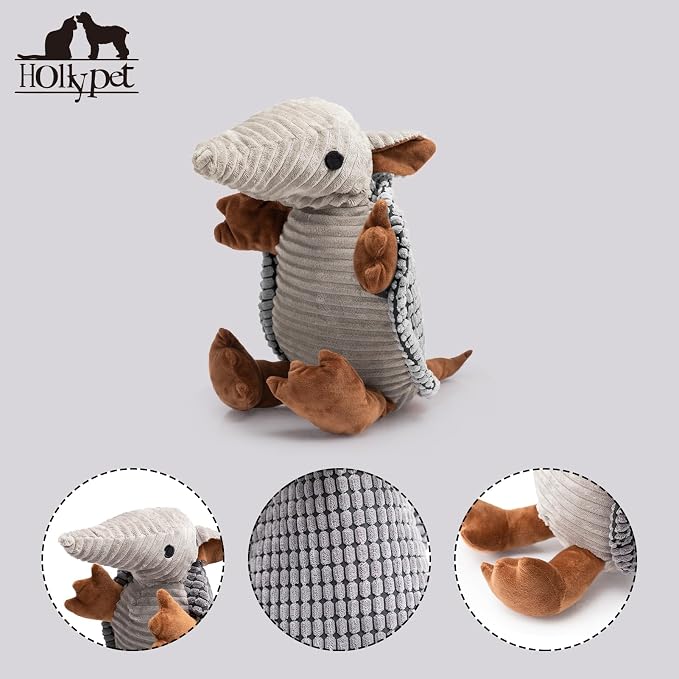 Hollypet Plush Dog Squeaky Toy Stuffed Armadillo Animal Pet Puppy Chew Toys with Clean Teeth for Small Medium Large All Breed Sizes Dogs, Dark Gray, 10 in