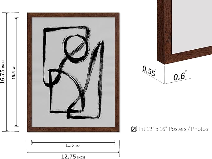 Monem Art Black and White Abstract Line Art Print - Minimalist Monochrome Brushstroke Art Poster - Wall Decor for Living Room, Bedroom or Office - 12x16 Brown Framed Wall Art by Mareike Bohmer