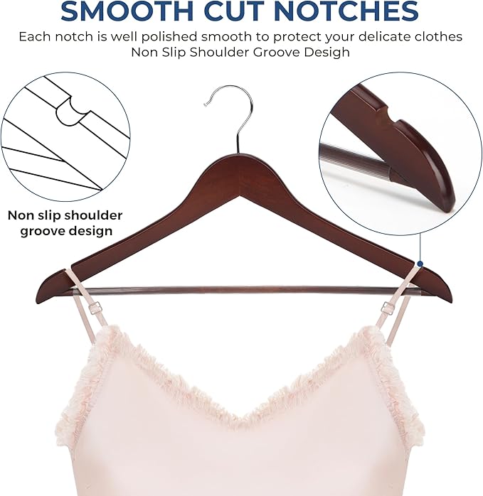 JS HANGER Wooden Coat Hangers, 20 Pack High Grade 17.5 Inch Wood Suit Hangers with Non Slip Pant Bar - Extra Smooth and Splinter Free Walnut Finish Wooden Suit Hangers for Closet Organization