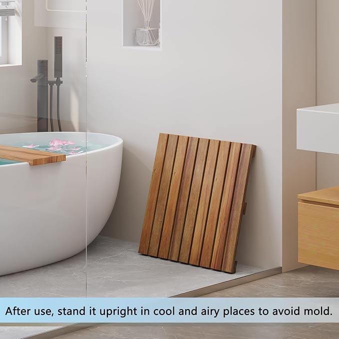 Solid Acacia Wood Shower Mat, Non Slip Bathroom Mat (19.6"×19.6“, Medium) Sturdy Floor Mat for Spa Home or Outdoor Shower, Easy to Clean, Quick Drying