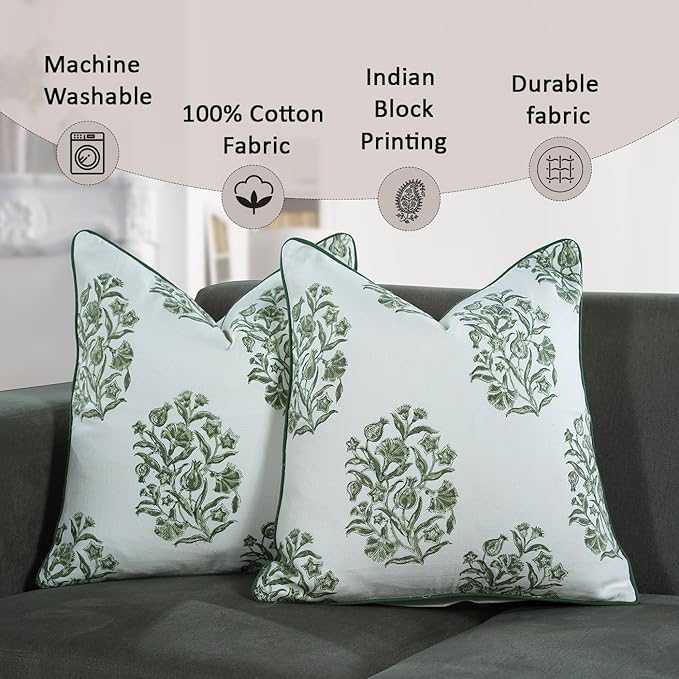 CPC Sage Green Block Print Throw Cushion Cover 18 x 18 Inch Set 2 - Decorative Boho Floral Pillow Case for Living Room, Bed, Sofa, Couch, Home Decor Cushion Cover Gift for Spring, Mother's Day