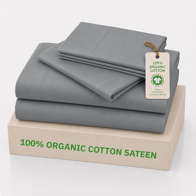 California Design Den California King Bed Sheets Set - 100% Organic Cotton Sheet Sets, Soft and Lightweight Sateen, Deep Pockets, Durable Bedding - Grey