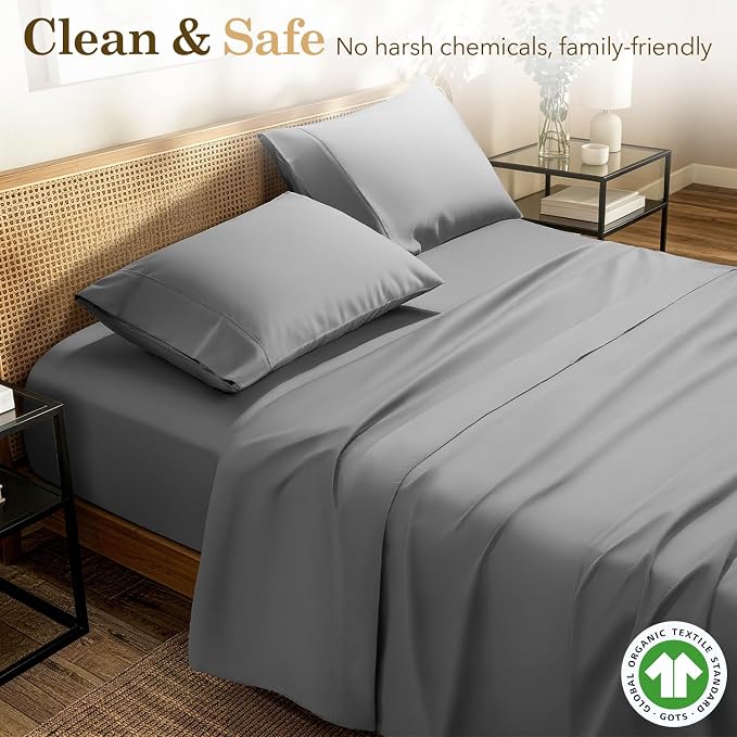 SONORO KATE 100% Organic Cotton Sheets Set - 600 Thread Count, GOTS Certified Cotton Bed Sheets, Soft, Breathable & Silky Sateen Weave Sheets, 16" Deep Pockets - 4 PC (Grey,King)