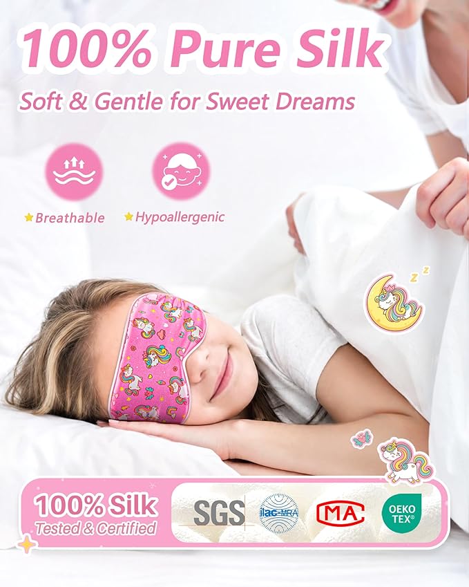 BeeVines Kids 100% Real Mulberry Silk Sleep Mask 2 Pack, Original Design Pure Silk Sleeping Eye Masks for Girls, Skin-friendly Blackout Eye Cover, Adjustable Strap, Reduce Puffy Eyes, for Travel Gifts