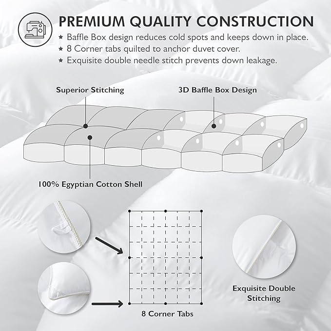 Luxurious Oversized California King Goose Down Comforter, 108 X 98 inches, Unique White Solid, 600 Thread Count, 100% Egyptian Cotton Cover, 80 Oz Fill Weight, 750 Fill Power