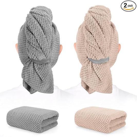 2 Pack Microfiber Hair Towel - 41 x 24 inches Super Soft, Absorbent, Fast Drying Without Frizz Hair Towel Wrap for Women Long, Thick, Curly Hair - Hair Turbans with Elastic Strap