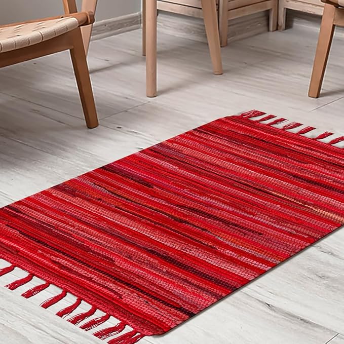 Cotton Chindi Rug - Boho Rustic Area Accent Throw Rug - Area Floor Carpet for Bedroom Living Room Kitchen Dorm Entryway Hallway - 20x32 inch Hand Woven Reversible Area Rug Red Multi