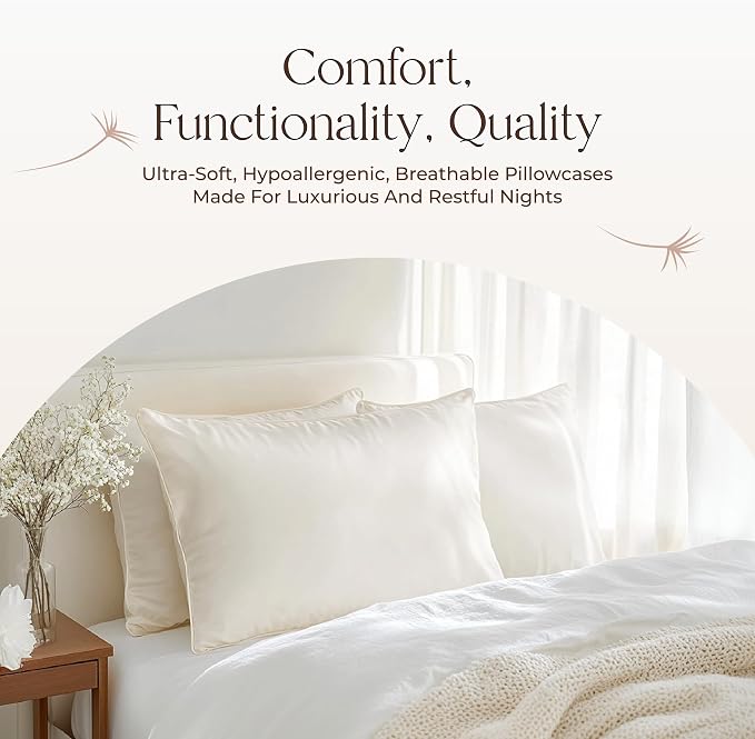 Organic Cotton Pillow Protector Queen Size - 100% Cotton GOTS Certified Pillow Case Protector with Zipper - Hypoallergenic Machine Washable Edge Piping & Breathable Cover - 2 Pack (Ivory, Queen)