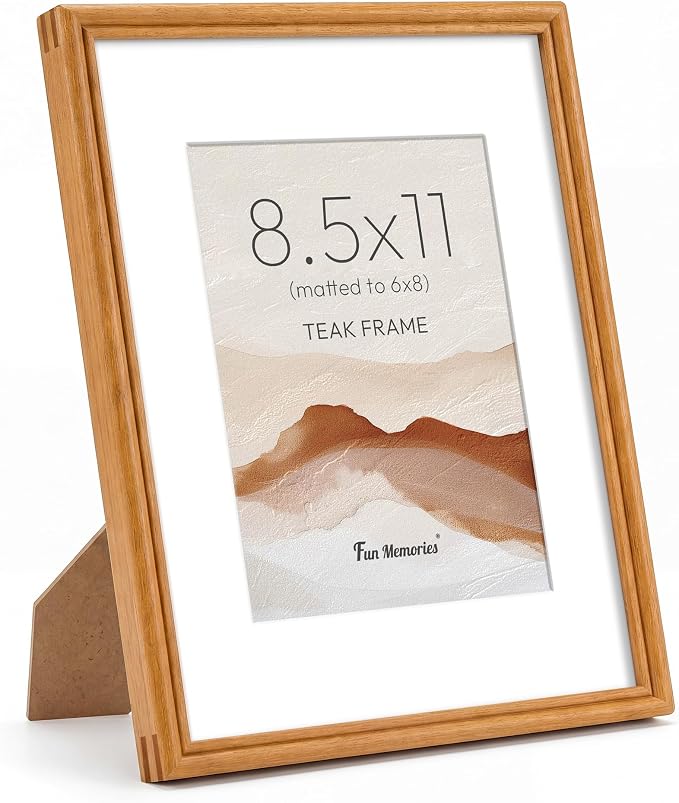8.5x11 Picture Frame with Mat for 6x8, USA-Sourced Natural Teak Wood Handcrafted Rounded Corner with HD Tempered Glass, 8.5 x 11 Photo Frames Gallery Wall & Tabletop, Vertical or Horizontal Display