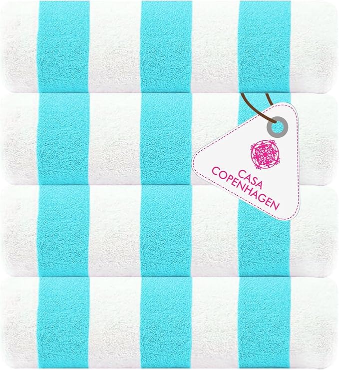 CASA COPENHAGEN Cabana Beach Towel Designed in Denmark Rough and Tough, Quick Dry, Beach, Pool, Bath & Shower 30x60 inches 4 Pieces Cotton Beach Bath Towels Set - Water Blue
