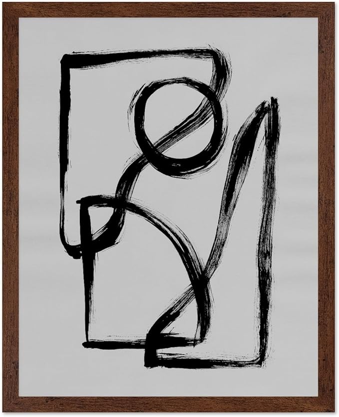 Monem Art Black and White Abstract Line Art Print - Minimalist Monochrome Brushstroke Art Poster - Wall Decor for Living Room, Bedroom or Office - 8x10 Brown Framed Wall Art by Mareike Bohmer