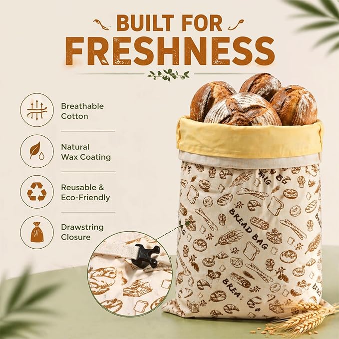 Reusable Beeswax Bread Bags for Sourdough, XL Eco-Friendly Fresh Food Storage (13x17in, 2 Pack). Natural Beeswax Food Wrap Bag, Bread Keeper for Homemade Bread, Eco Friendly Kitchen Storage