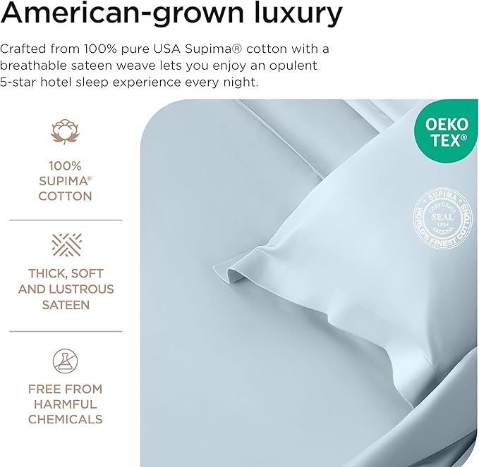 Threadmill California King Sheets, Certified American Supima Cotton Sheets, 1000 Thread Count Hotel Quality Sheet, 4 Piece Luxury Bed Sheet Set with Elasticized Extra Deep Pocket, Light Blue