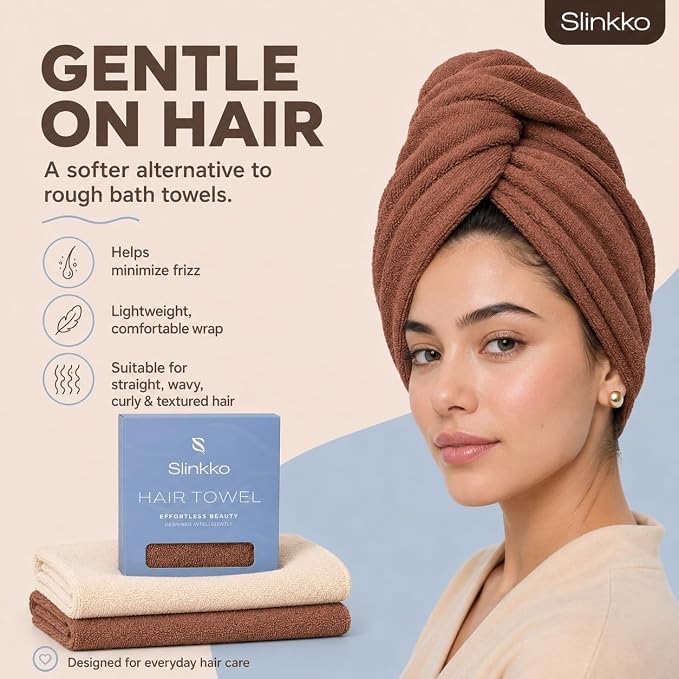 Microfiber Hair Towel Wrap for Women – Ultra Absorbent Quick Dry Turban | Button & Loop Design | Soft Lightweight Fabric | Reduces Frizz & Breakage | All Hair Types | Beige & Brown