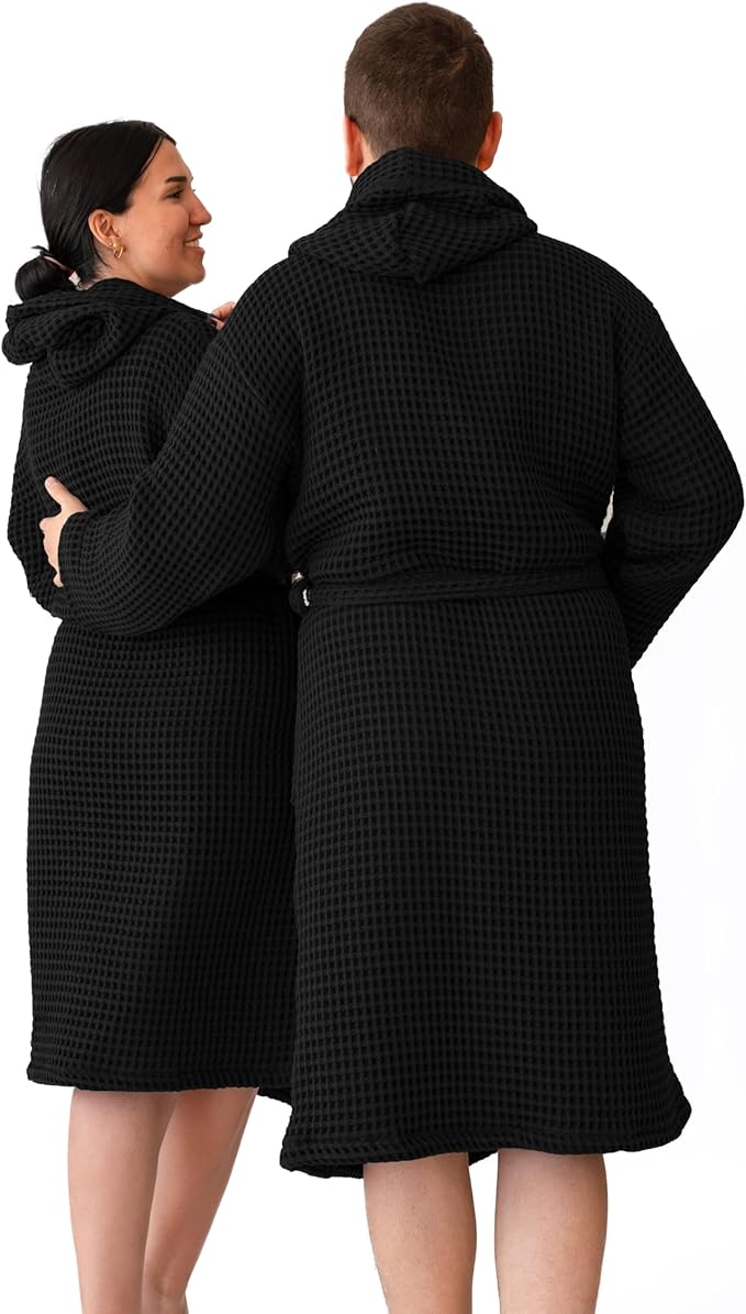 Unisex Hooded Waffle Robe for Women & Men 100% Turkish Cotton | Quick-Dry Bathrobe | Cozy Housecoat for Lounging