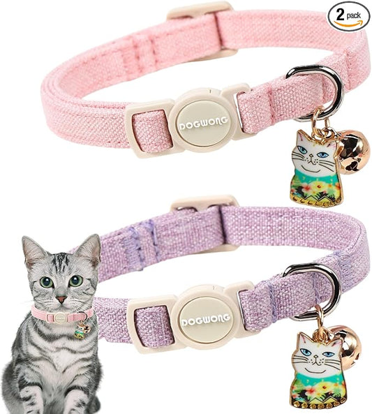 2 Pack Pink Purple Cat Collars Breakaway with Bell, DOGWONG Safety Buckle Cute Cat Collar for Girl Cats，Adjustable 7-12 Inch,Pet Supplies Accessories