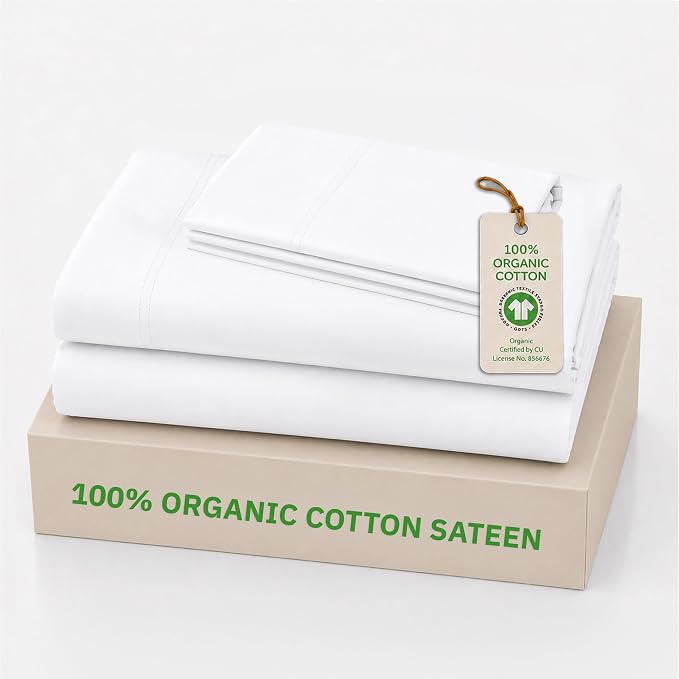 California Design Den White Twin Sheets Set - 100% Organic Cotton, Soft and Lightweight Sateen, Deep Pocket Twin Size Bed Sheets, Durable Bedding - White