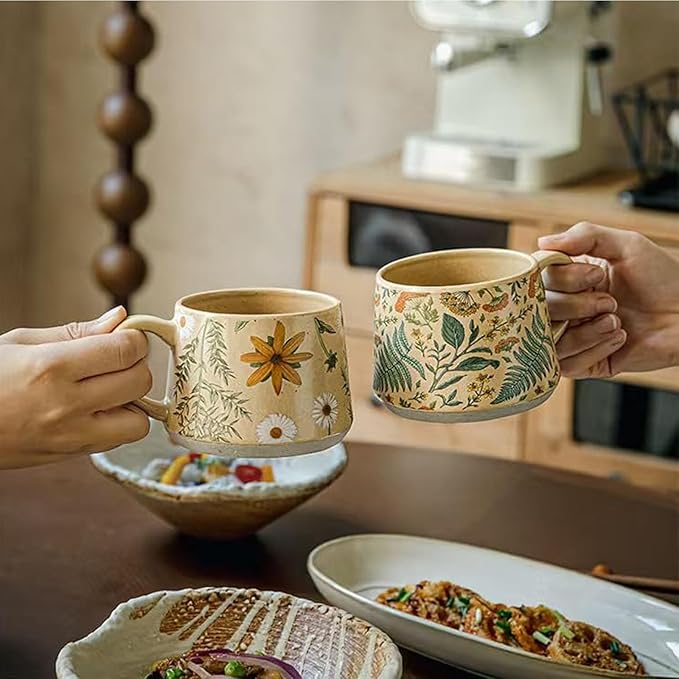16OZ Ceramic Coffee Latte Mug, Cute Cup for Women, Ideal for Green Tea or Coffee,Hand Painted Floral Design Pottery Mug (sunflower)