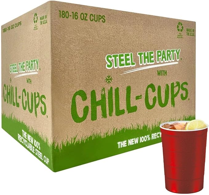 Steel Chill Cups 16 oz. Party Cups, Perfect for Cold Drinks, Sturdy & Durable, Disposable and 100% Recyclable, Made in USA, Red, 180 Count