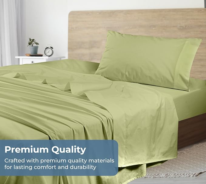 Royale Linens 100% Organic Cotton Twin XL Sheet Set - Percale Weave - 3 Pieces Set - 1 Flat, 1 Deep Pocket Fitted Sheet &1 Pillowcases - Sage Green Bed Sheets -Sábanas Twin XL -Crisp Cool (Sage Green)