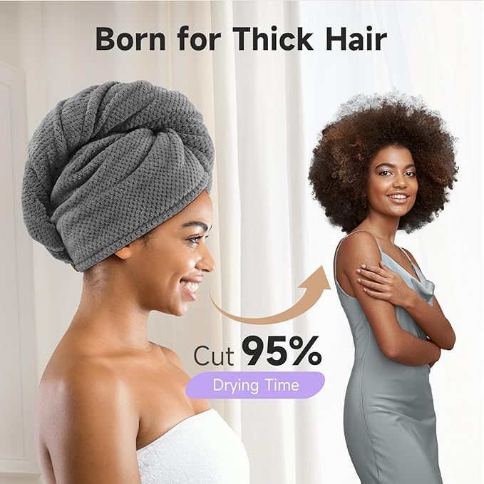 Umisleep 2 Pack Microfiber Hair Towel Wrap for Women, 400 GSM Thick & Soft Hair Drying Towels, Super Absorbent Hair Turban with Button Loop for Curly, Wavy & Wet Hair (Grey, White)